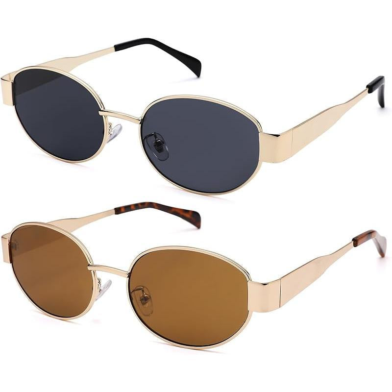 Azorb Retro Oval Sunglasses Womens Men Trendy Sun Glasses Classic Shades Classic 90S Metal Frame Shades