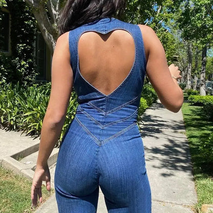 Women Backless Heart Bodycon Denim Jumpsuits Lady Sexy Sleeveless Slim One-Piece Outfits Female Retro Wide Leg Flare Rompers