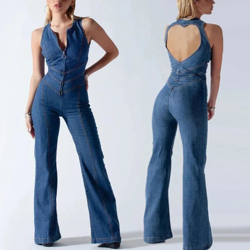 Women Backless Heart Bodycon Denim Jumpsuits Lady Sexy Sleeveless Slim One-Piece Outfits Female Retro Wide Leg Flare Rompers