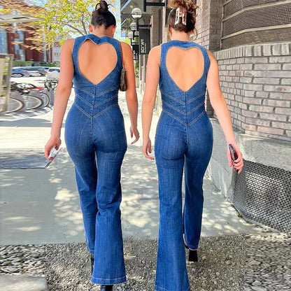 Women Backless Heart Bodycon Denim Jumpsuits Lady Sexy Sleeveless Slim One-Piece Outfits Female Retro Wide Leg Flare Rompers